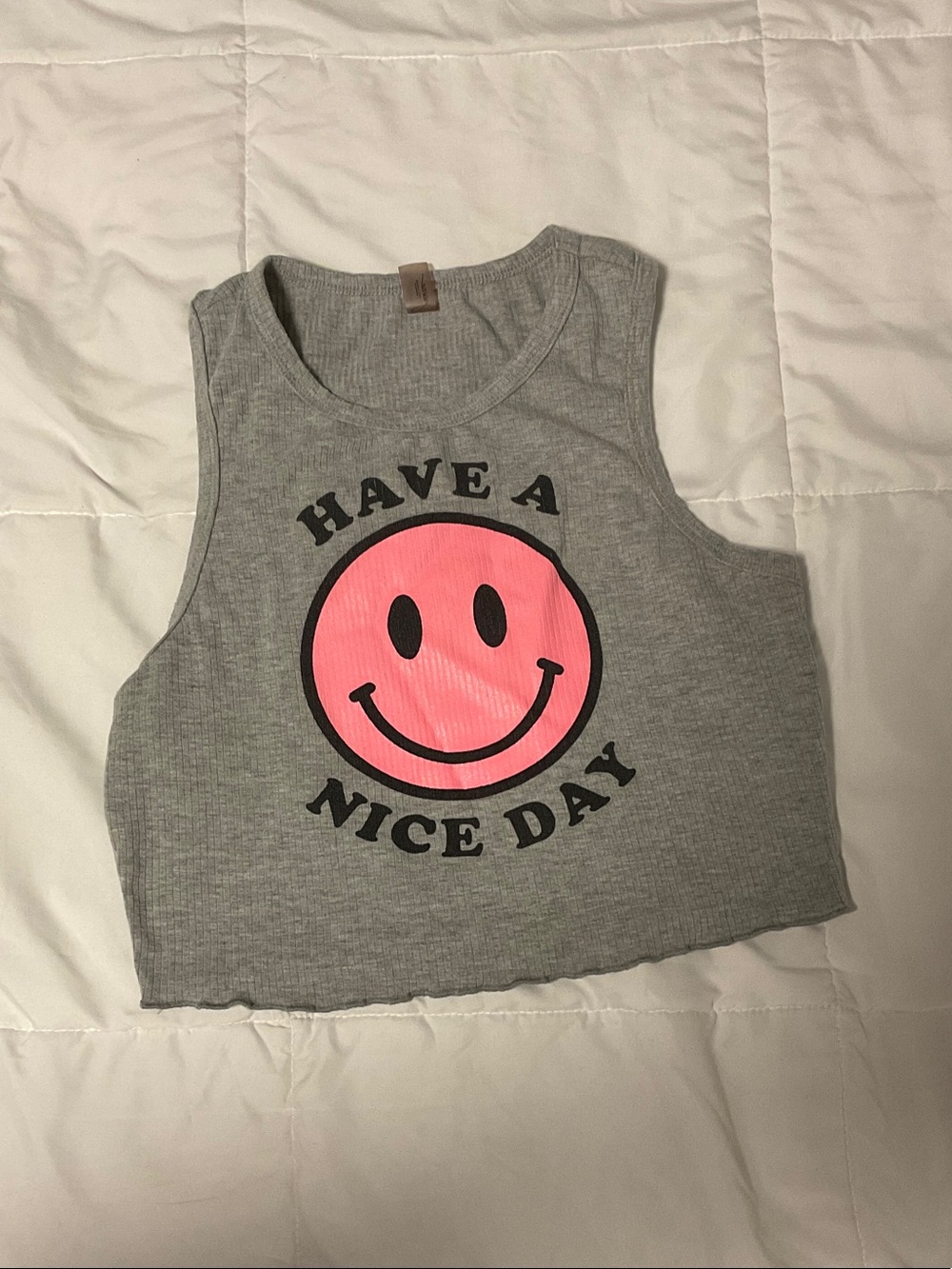Mystique Boutique Gray Crop Tank with Pink Smiley